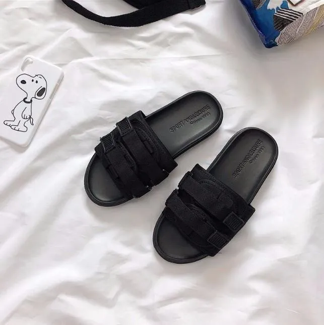 Summer Canvas Velcro Black White Slipper Sandals