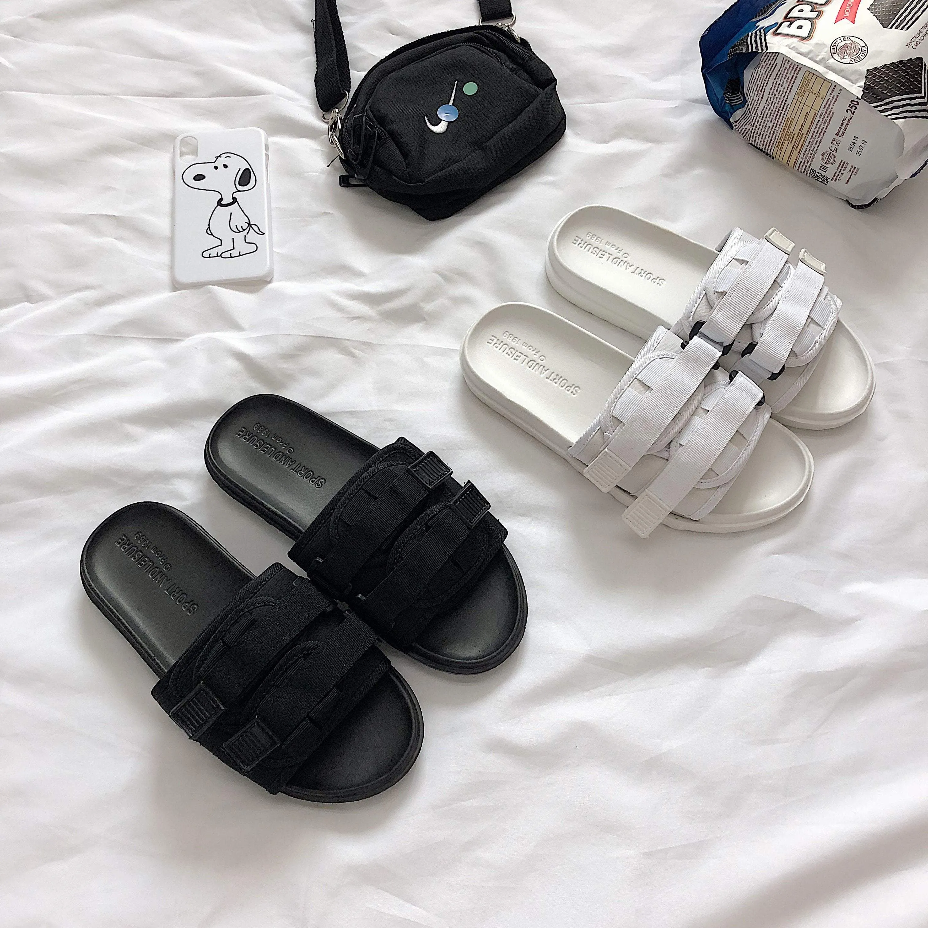 Summer Canvas Velcro Black White Slipper Sandals