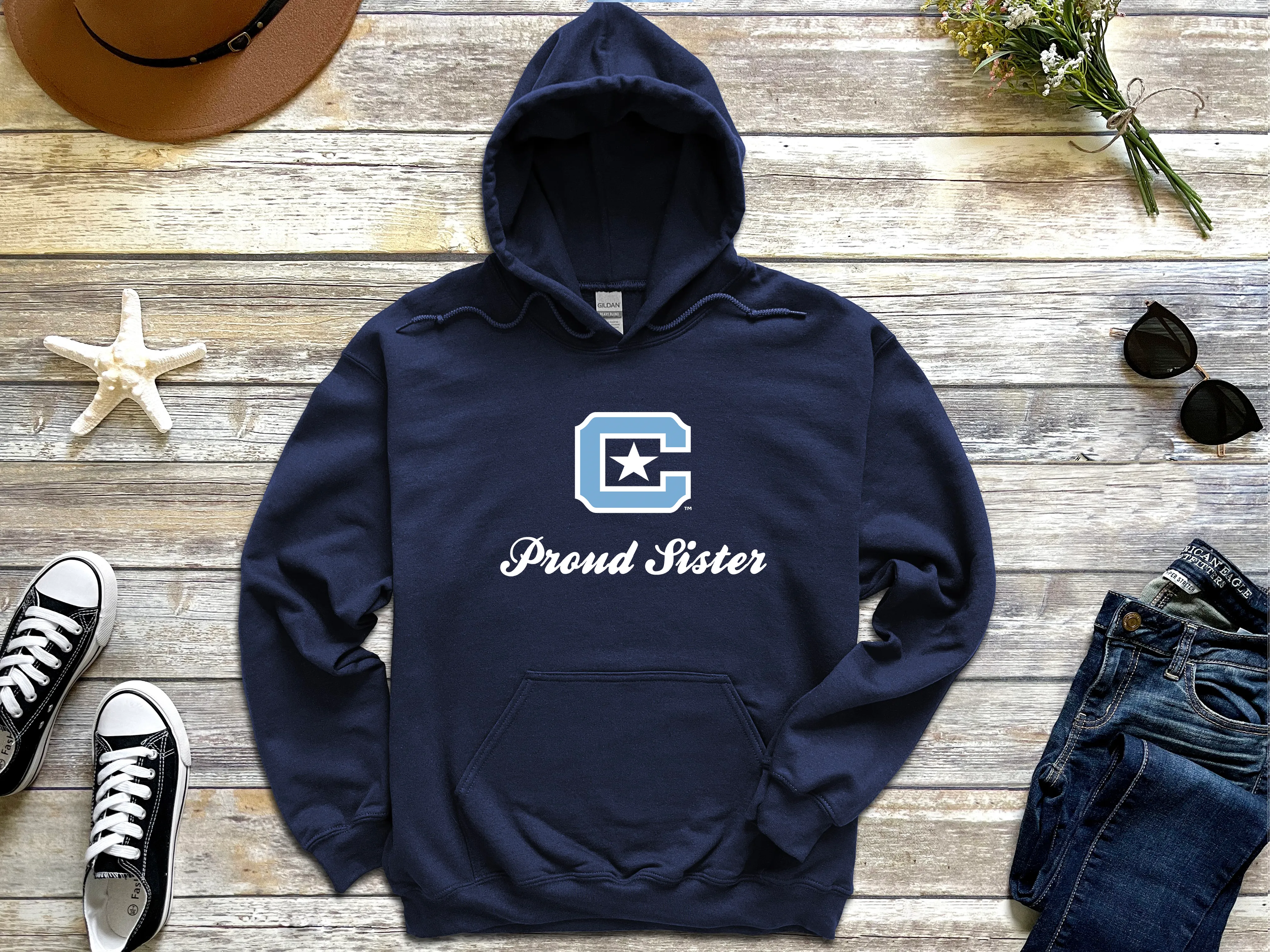 The Citadel Block C Star logo, Proud Sister,  Heavy Blend™ Hooded Sweatshirt