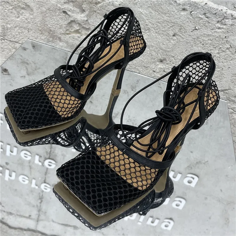 Uniwim Women Summer Gladiator Sandals 10Cm High Heels Square Toe Roman Cross Toe Strap Sandles Yellow Green Mesh Pleaser Brown Shoes