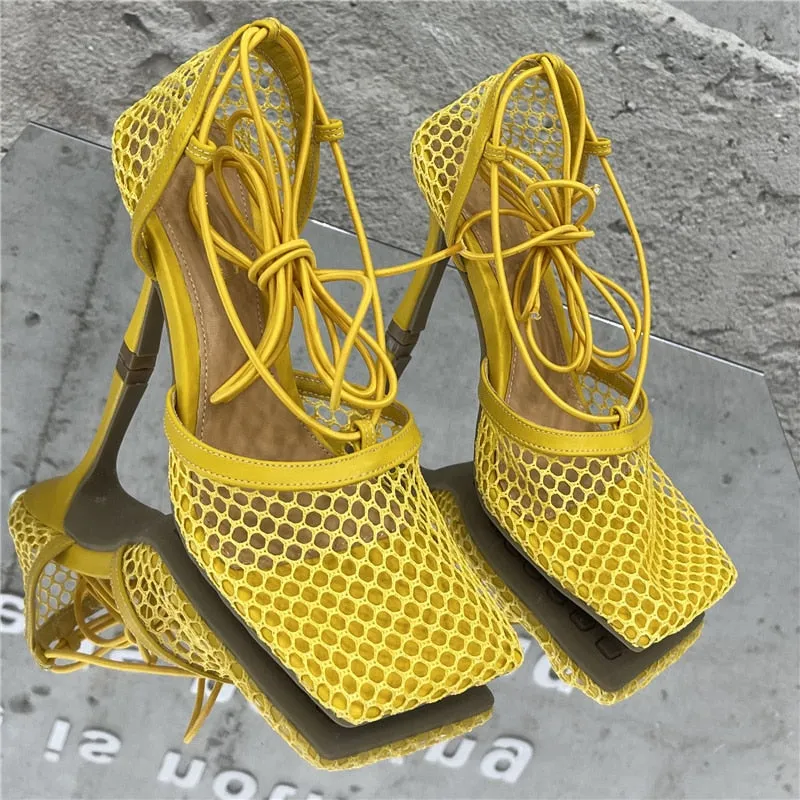 Uniwim Women Summer Gladiator Sandals 10Cm High Heels Square Toe Roman Cross Toe Strap Sandles Yellow Green Mesh Pleaser Brown Shoes