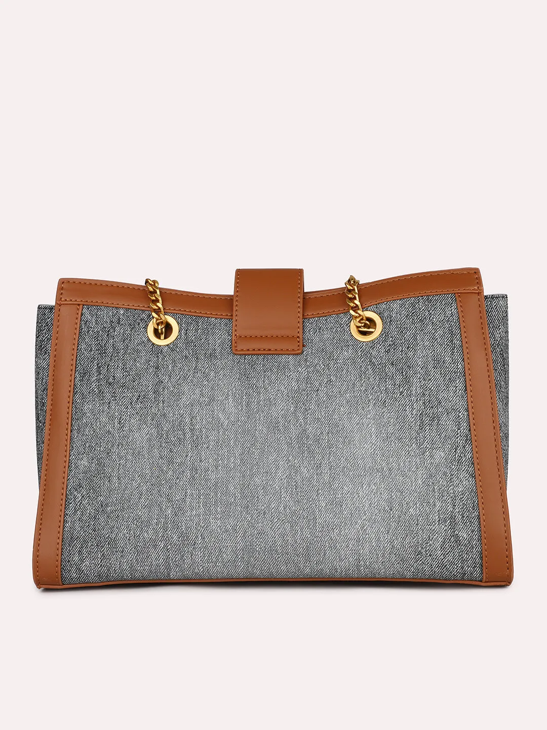 Women Denim Textured Canvas Structured Shoulder Bag With Lock detail