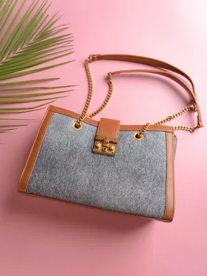 Women Denim Textured Canvas Structured Shoulder Bag With Lock detail