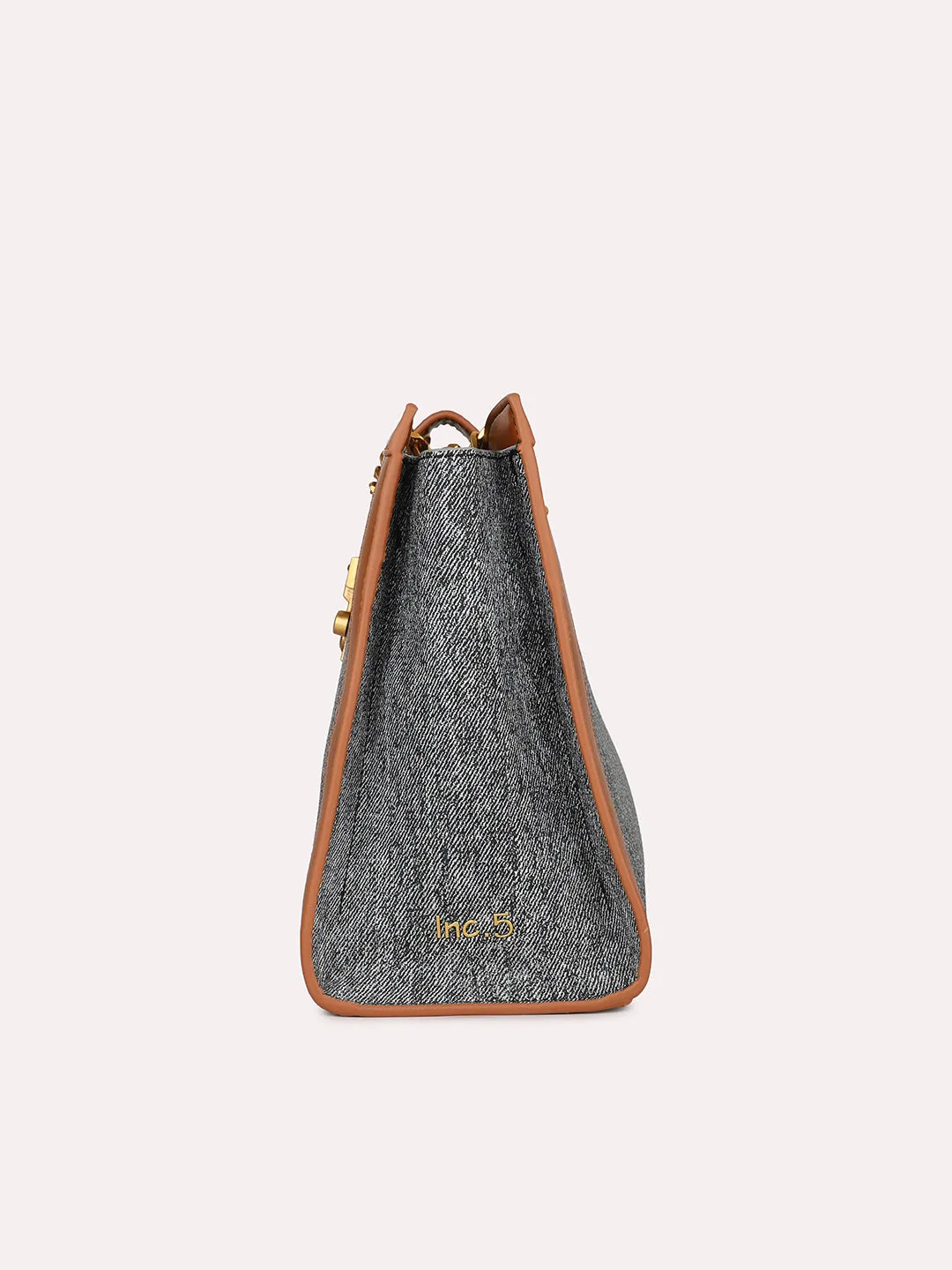 Women Denim Textured Canvas Structured Shoulder Bag With Lock detail