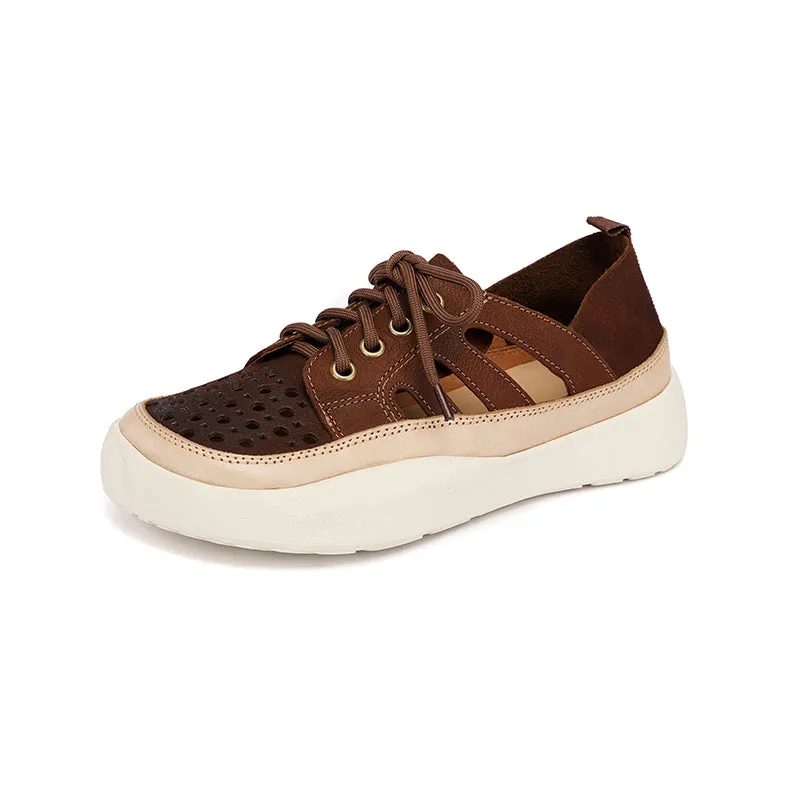 Women Handmade Leather Sneakers For Summer Brown/Coffee