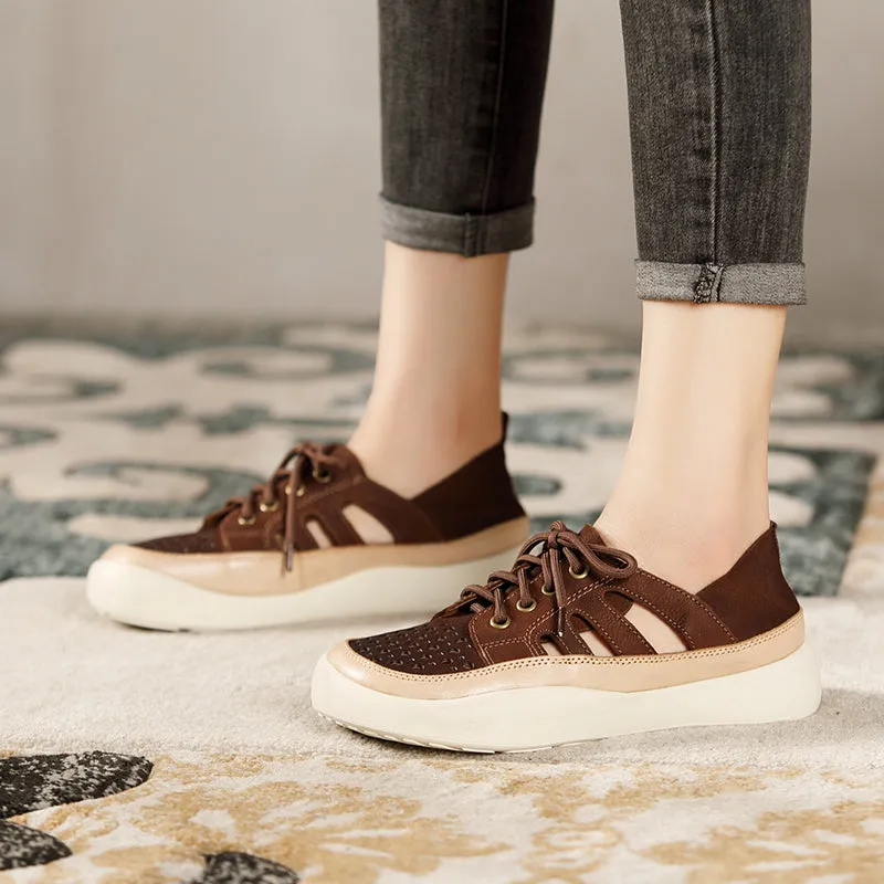 Women Handmade Leather Sneakers For Summer Brown/Coffee