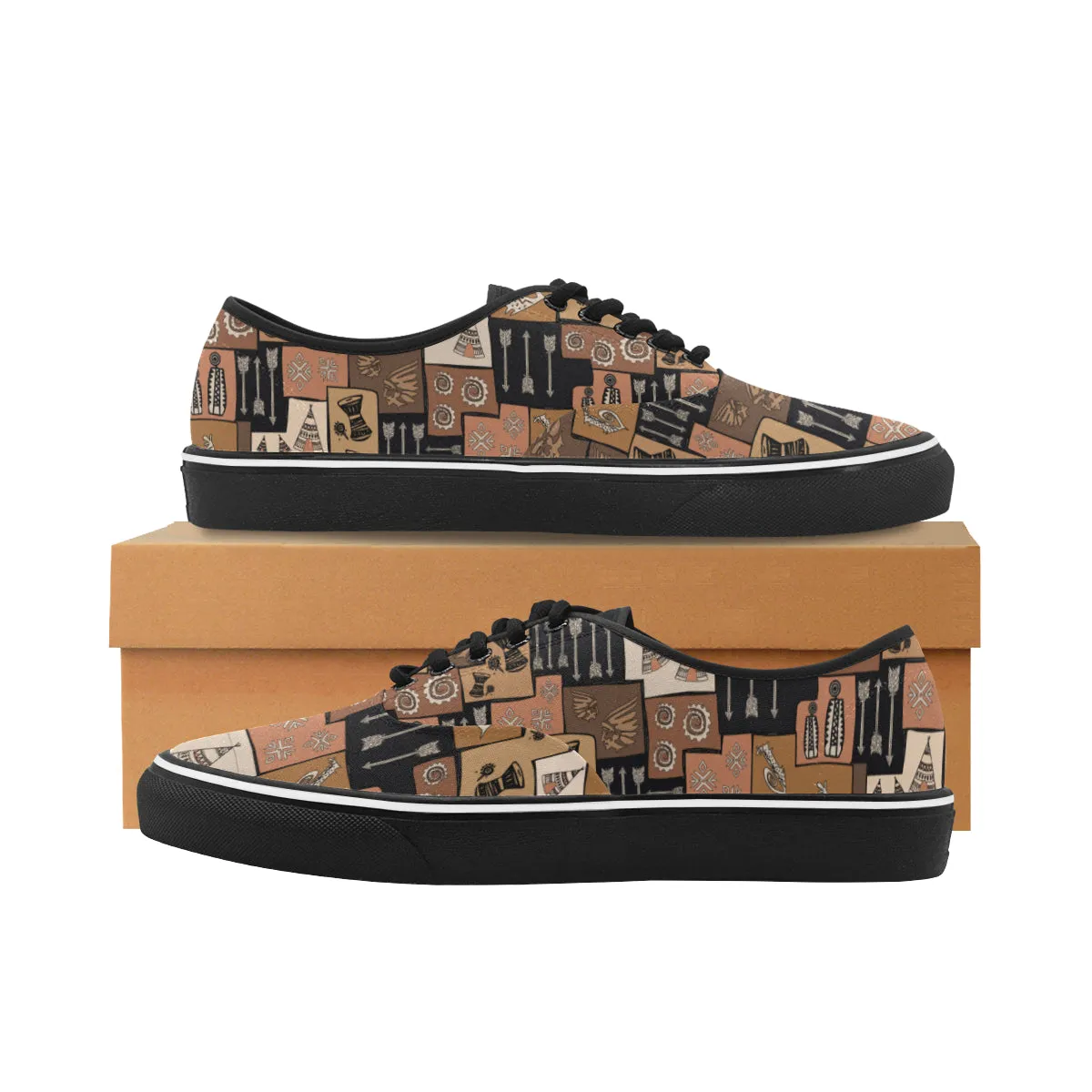 Women's Big Size Earthy Blocks Tribal Print Low Top Canvas Shoes