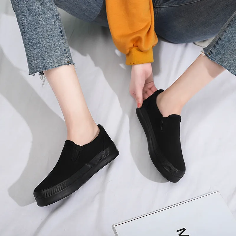 Women's Black Slip-on Korean Versatile White Platform Canvas Shoes