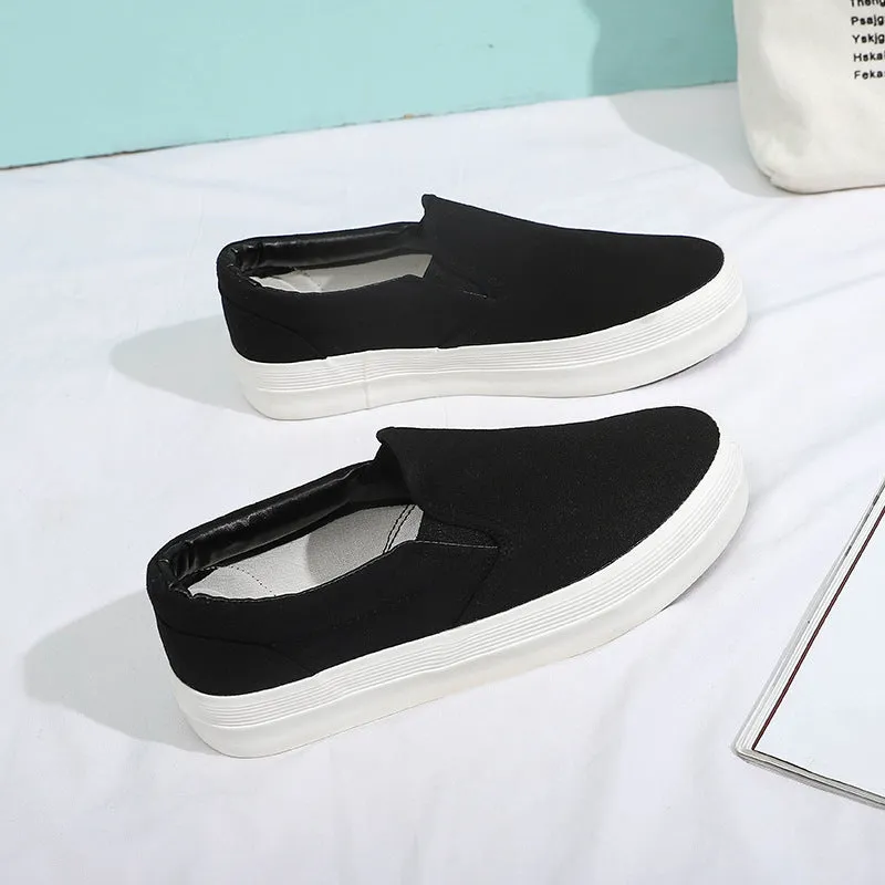 Women's Black Slip-on Korean Versatile White Platform Canvas Shoes