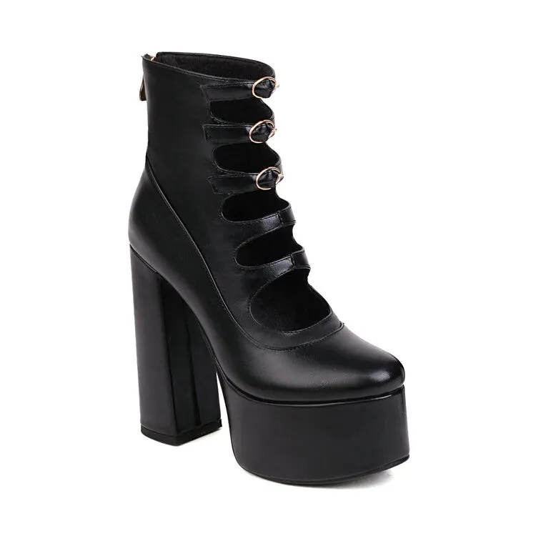 Women's Booties Glossy Round Toe Cutout Buckle Straps Block Chunky Heel Platform Short Boots