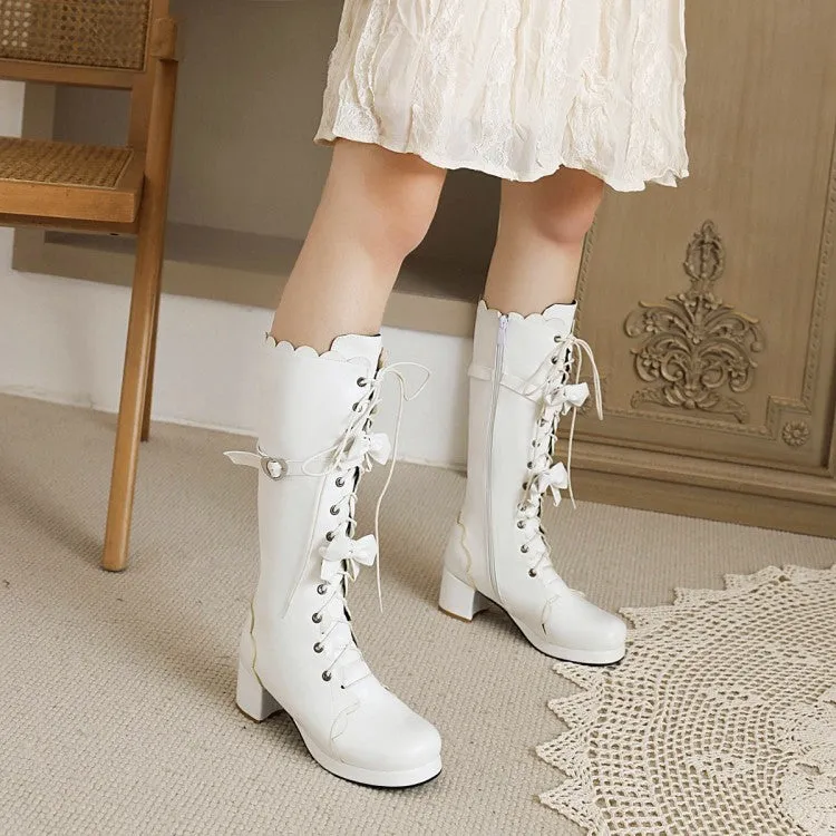 Womens' Bowtie Chunky Heels Knee High Boots