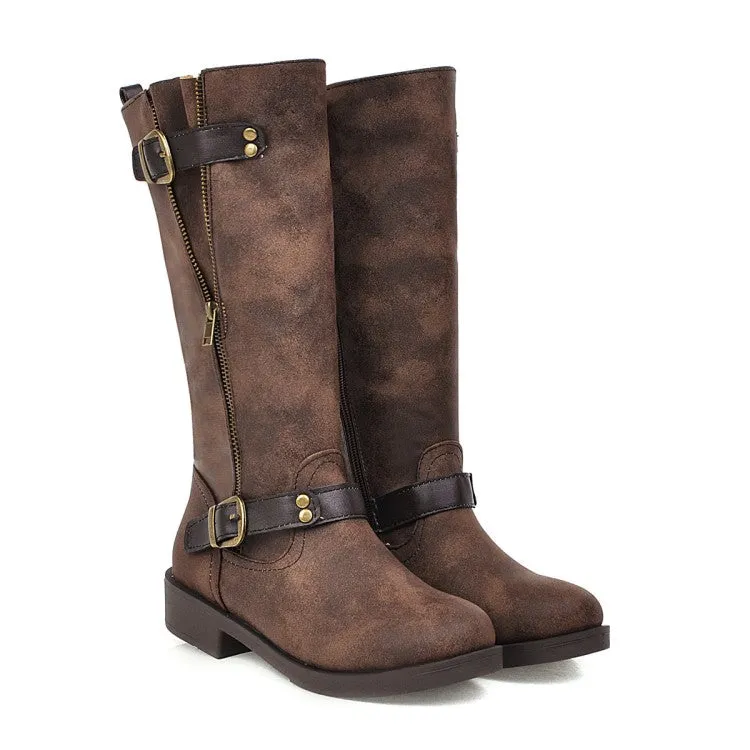 Womens' Buckle Belt Low Heels Knee High Boots