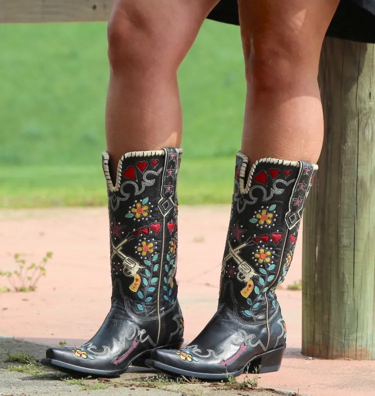 Women's Ethnic Embroidery Puppy Heel Cowboy Mid Calf Boots