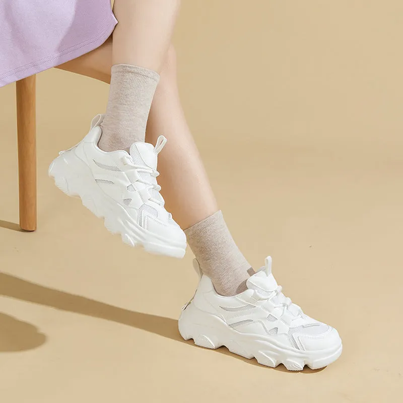 Women's Genuine Leather Chunky Sneakers in White/Apricot