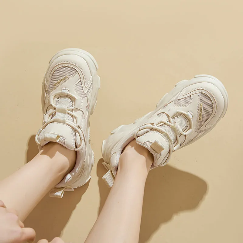 Women's Genuine Leather Chunky Sneakers in White/Apricot