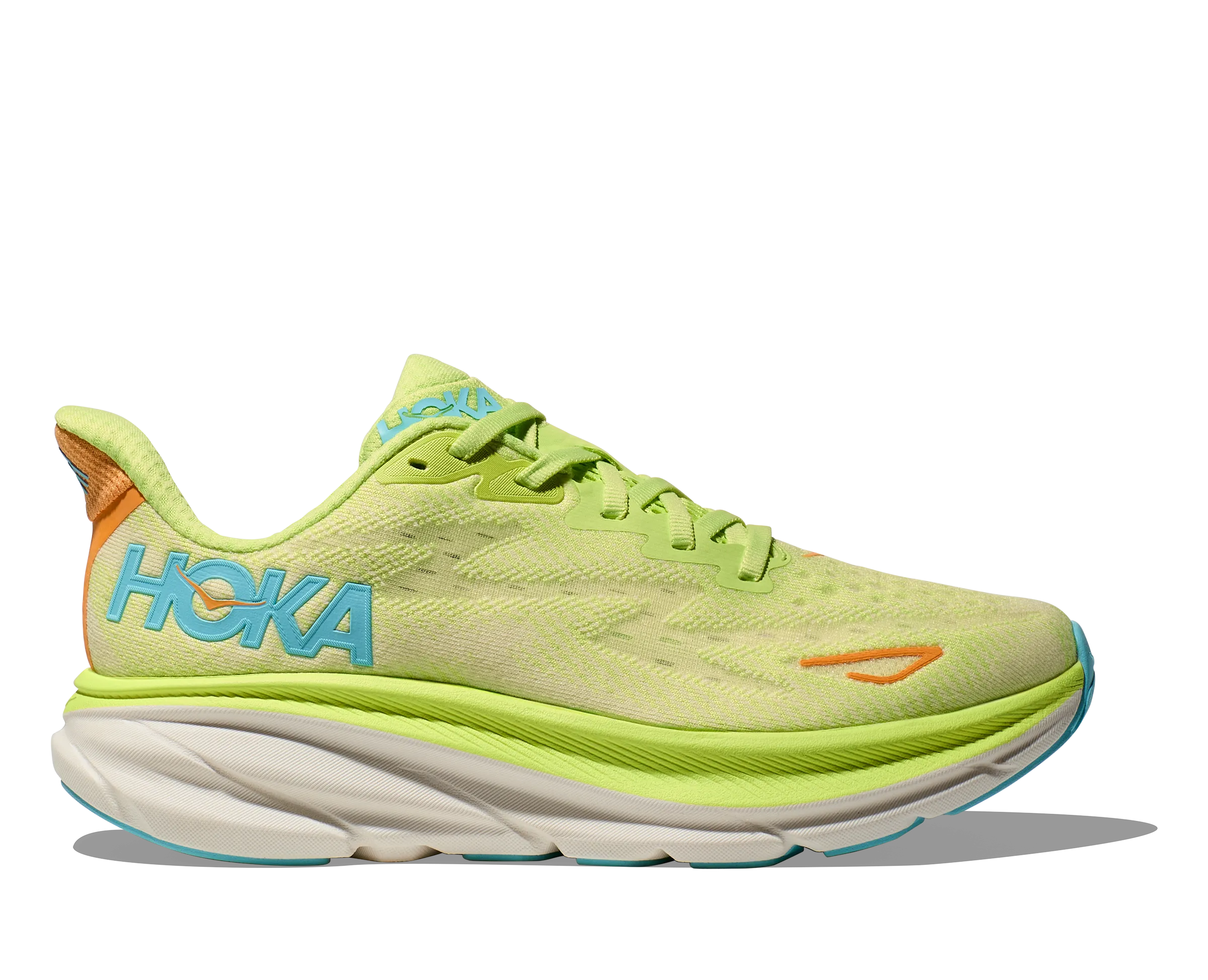 Women's Hoka Clifton 9 Color: Lettuce/ Solar Flare