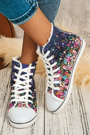 Women's Oil Painting Floral High Top Lace UP Canvas Shoes