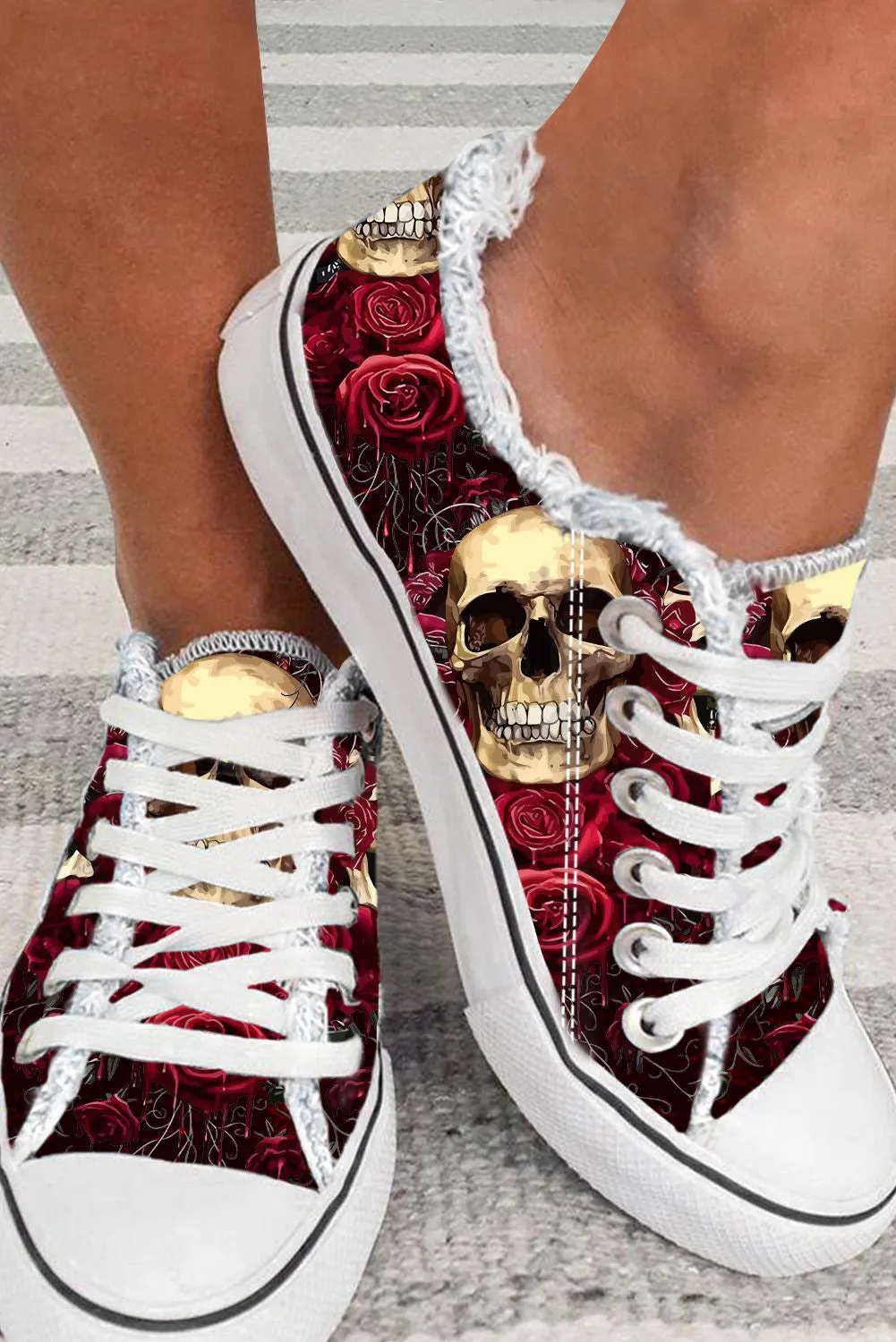 Women's Rose Flower and Skull Print Sneaker for Halloween