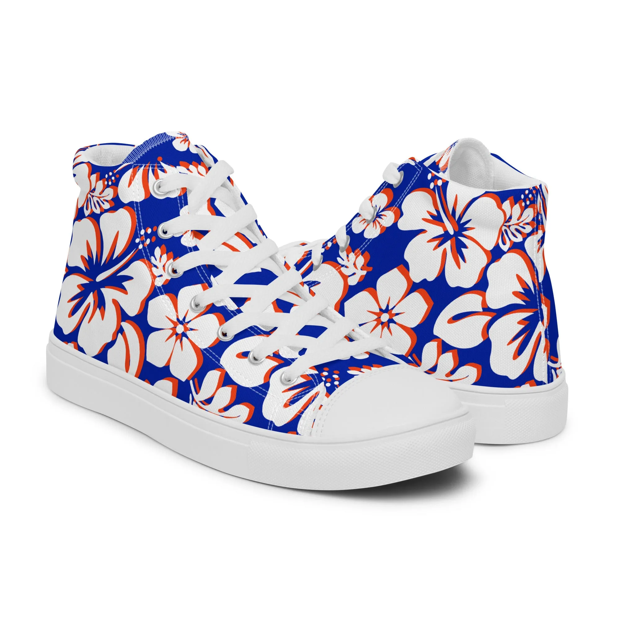 Women's Royal Blue, White and Orange Hawaiian Print High Top Canvas Shoes