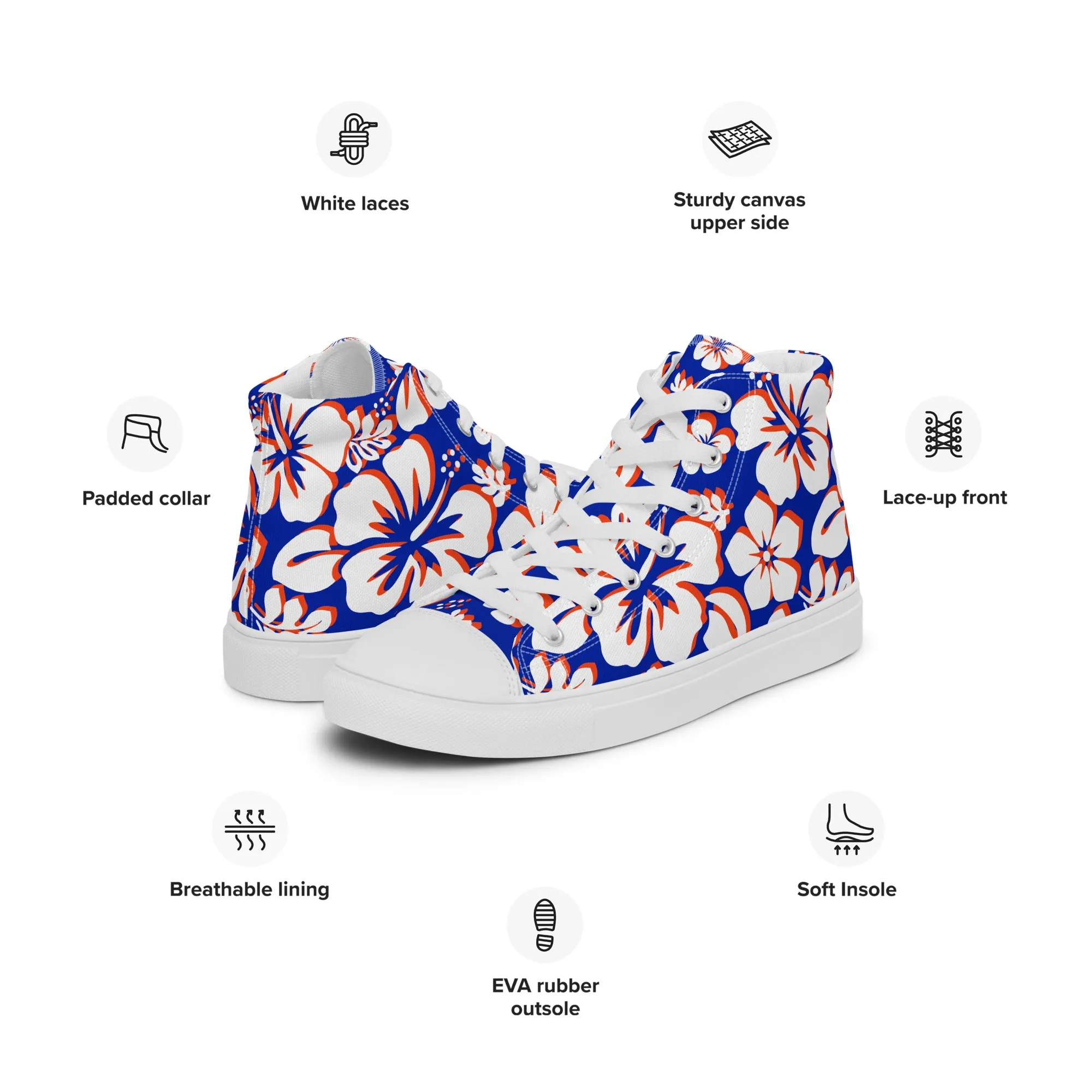 Women's Royal Blue, White and Orange Hawaiian Print High Top Canvas Shoes