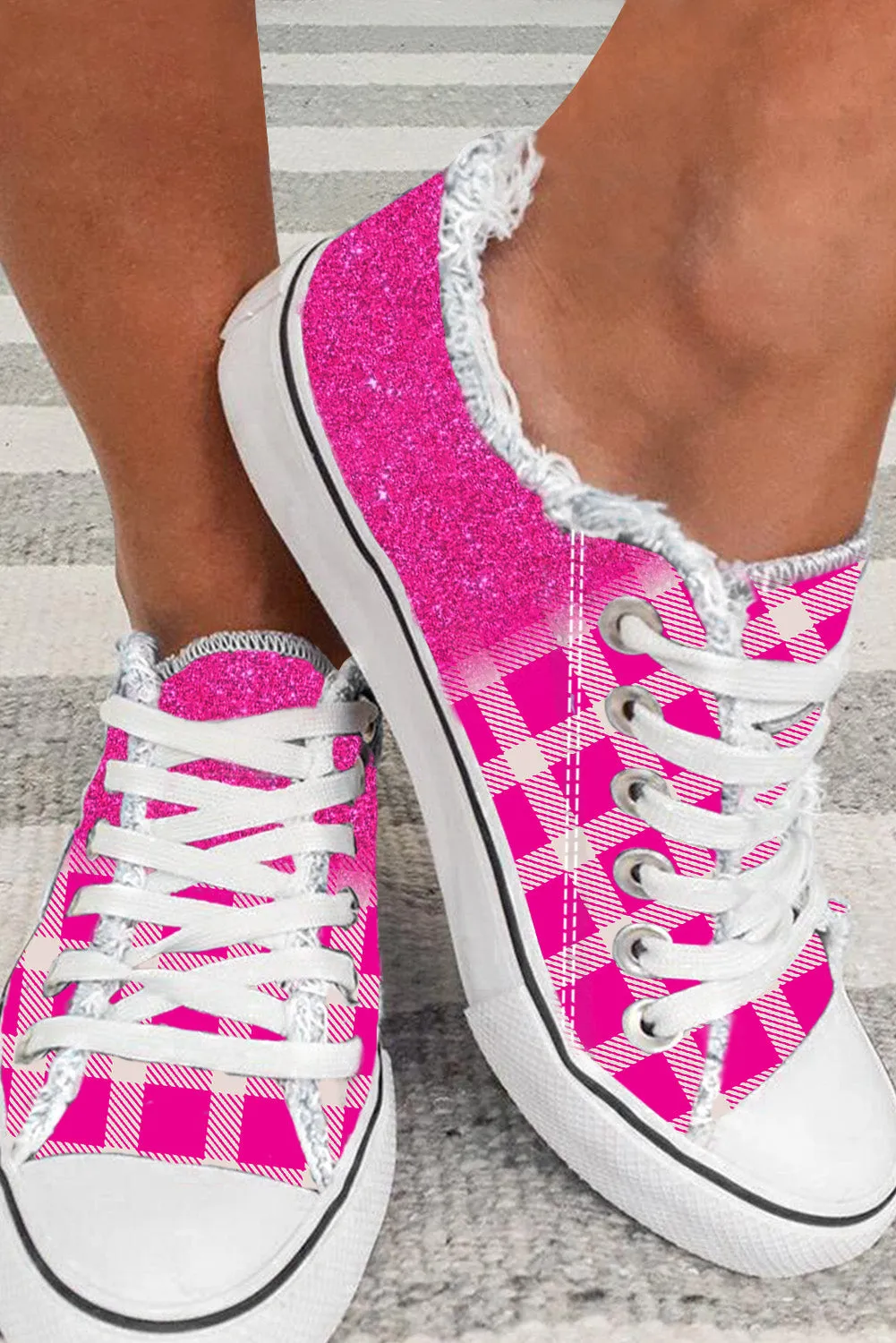 Women's Shiny Pink Plaid Print Lace Up Canvas Shoes